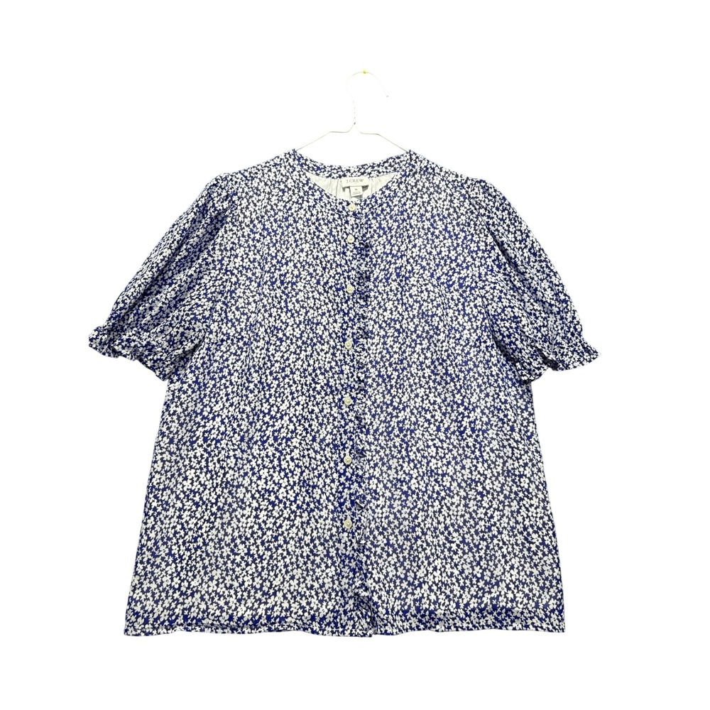 J. Crew Button Down Top Women Small Blue Floral Puff Sleeve Ruffle BF832